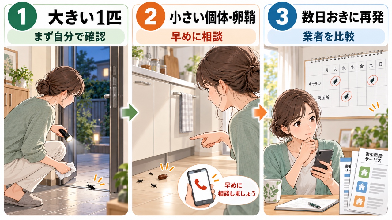 大きいゴキブリ1匹、小さい個体や卵鞘、数日おきの再発で対応を分ける図解