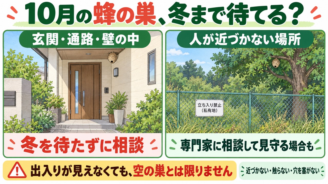 10月の蜂の巣。玄関や通路は冬を待たず相談し、人が近づかない場所は専門家と見守りを検討する判断イラスト