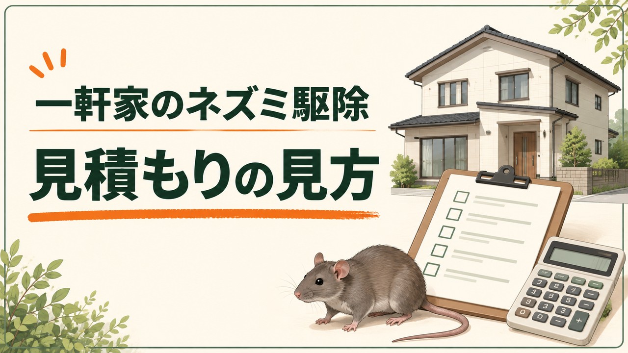 一軒家のネズミ駆除・見積もりの見方。戸建て住宅、見積書、電卓とネズミのイラスト
