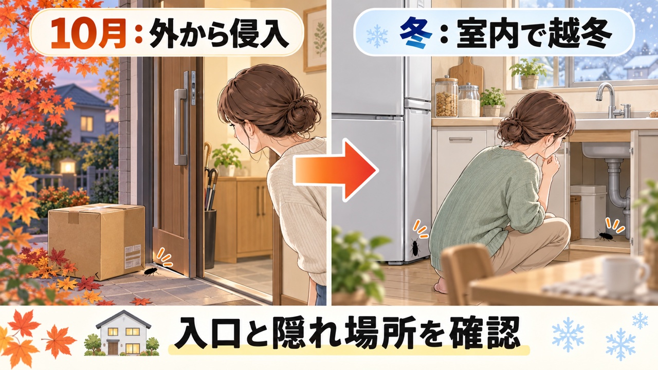 10月の屋外からの侵入と暖かい室内での越冬を分けて確認する図解