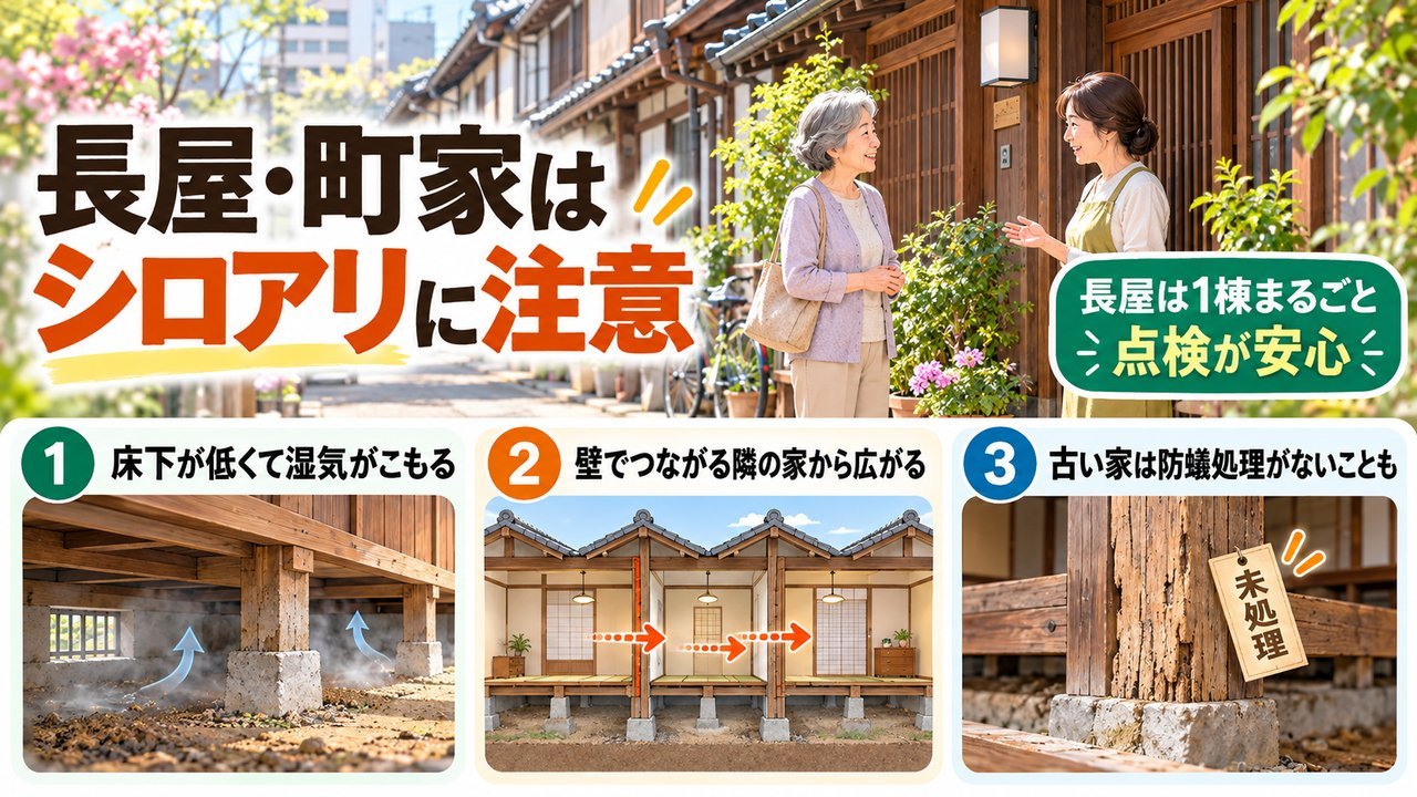大阪の長屋・町家でシロアリ被害が出やすい3つの理由の図解