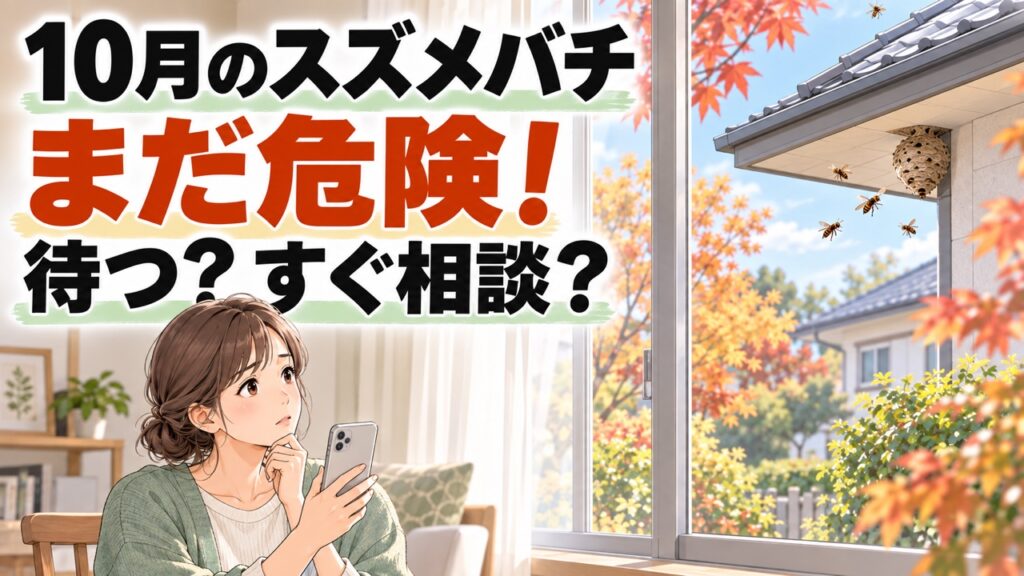10月のスズメバチはまだ危険か、冬まで待つか相談するかを考える住人のイラスト