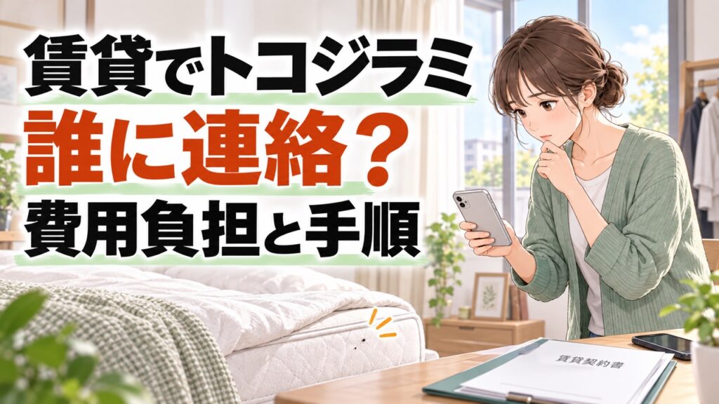 賃貸でトコジラミを疑った時の連絡先、費用負担と手順を確認する住人のイラスト