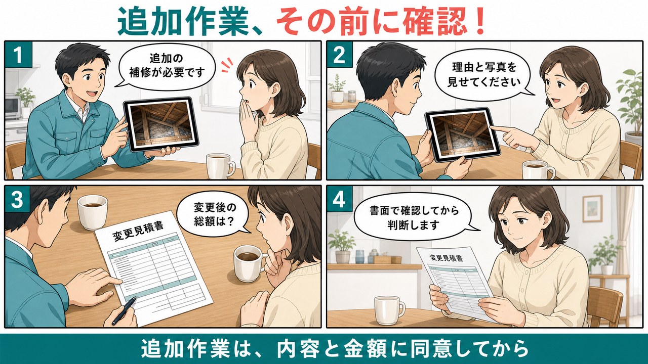 追加作業の前に、理由と写真、変更後の税込総額、書面での説明を確認してから判断する流れ。