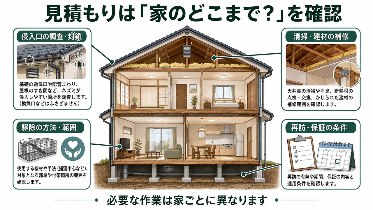 見積もりで確認したい戸建ての作業範囲。侵入口の調査・封鎖、駆除、清掃・建材補修、再訪・保証。