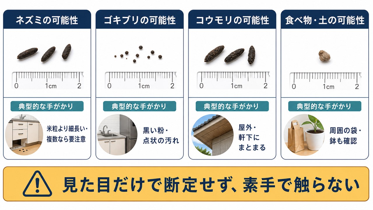 ネズミ、ゴキブリ、コウモリ、食べ物や土の黒い粒を形と見つかりやすい場所で比較したイラスト