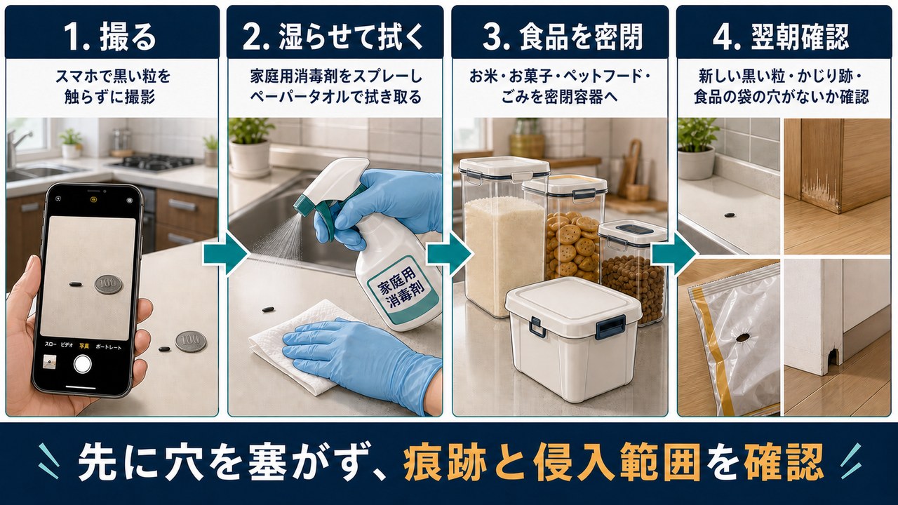 キッチンで黒い粒を見つけた時に撮影、湿らせて清掃、食品を密閉、翌朝確認する4つの手順