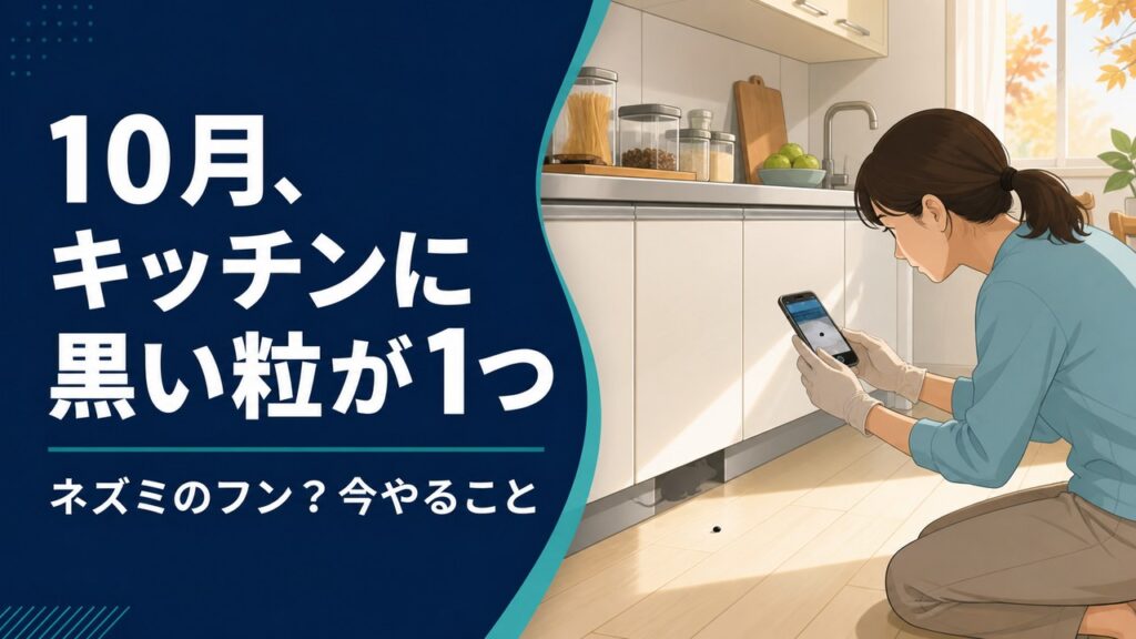 10月のキッチンで黒い粒を見つけネズミのフンか確認する方法を紹介するアイキャッチ