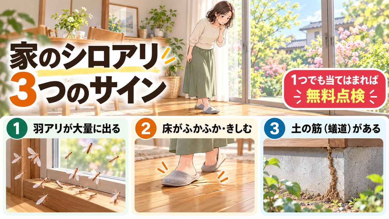 家のシロアリ3つのサイン（羽アリ・床のふかふか・蟻道）の図解