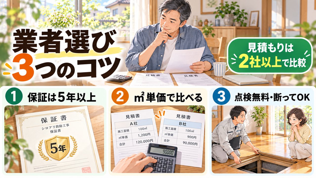 シロアリ業者選びの3つのコツ(5年保証・㎡単価で比較・しつこい営業なし)の図解