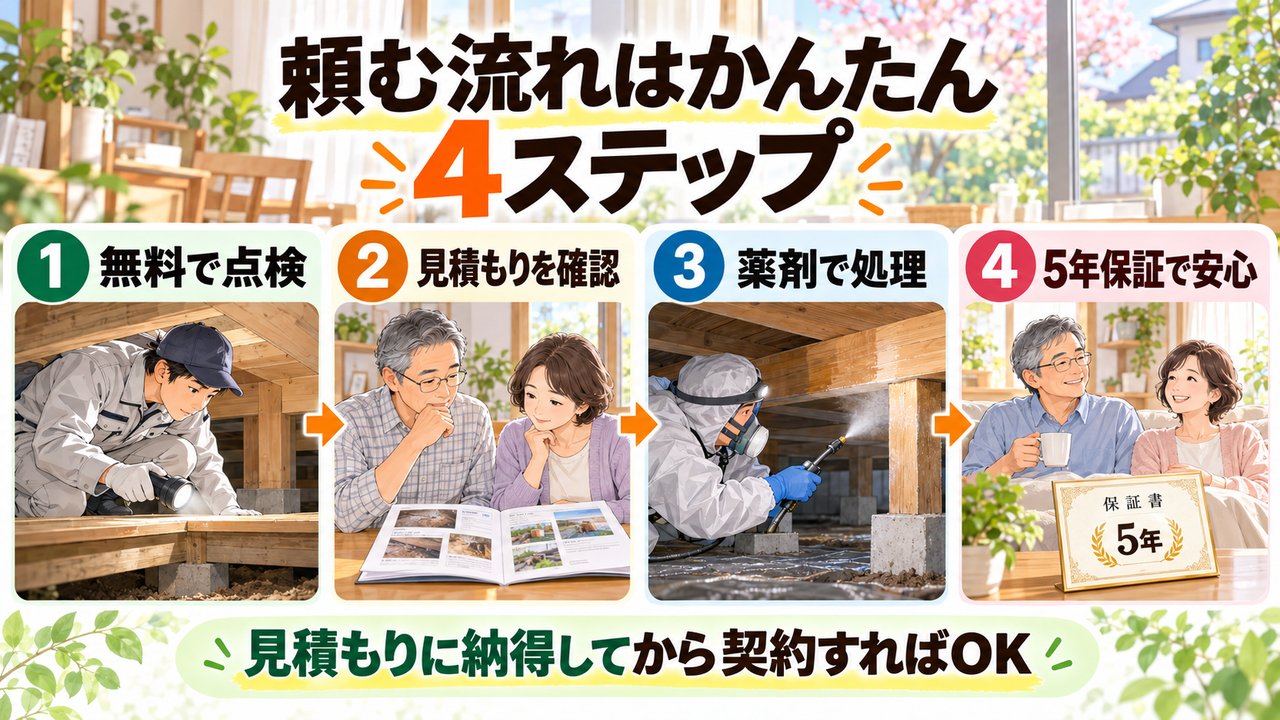 シロアリ駆除を業者に頼む流れ（無料点検→見積もり→施工→5年保証）の図解