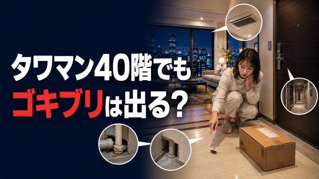 タワマン40階の玄関でゴキブリを見つけ、荷物・共用廊下・配管・換気設備の侵入経路を確認するアイキャッチ画像