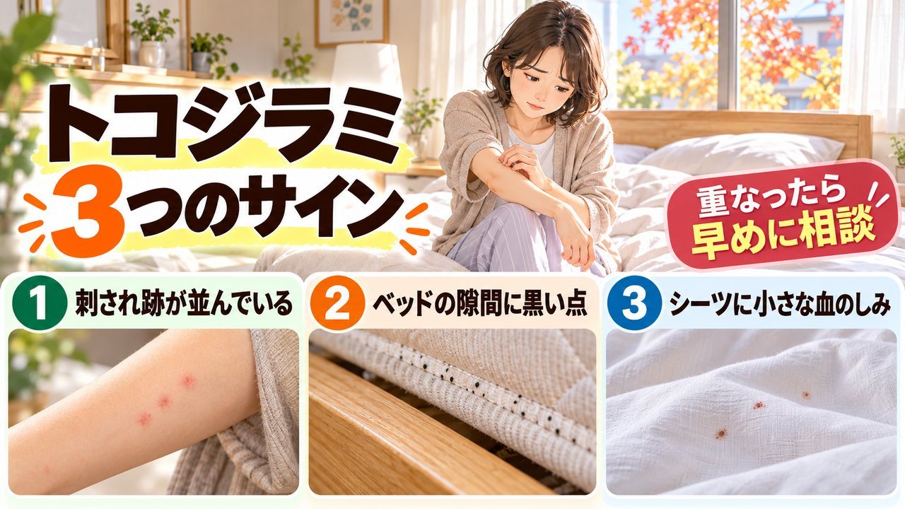 トコジラミのサイン(並んだ刺され跡・シーツの黒い点・小さな血の染み)の図解