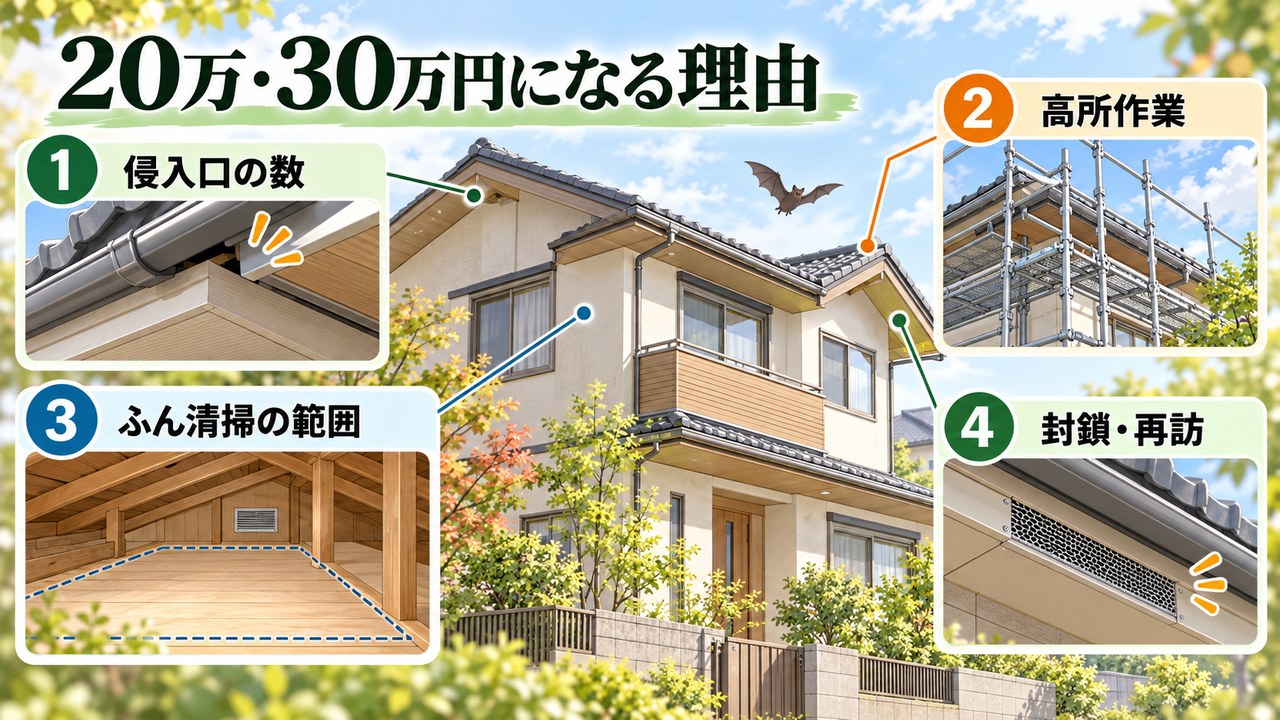 コウモリ対策の見積もりを左右する侵入口の数、高所作業、ふん清掃、封鎖と再訪の図