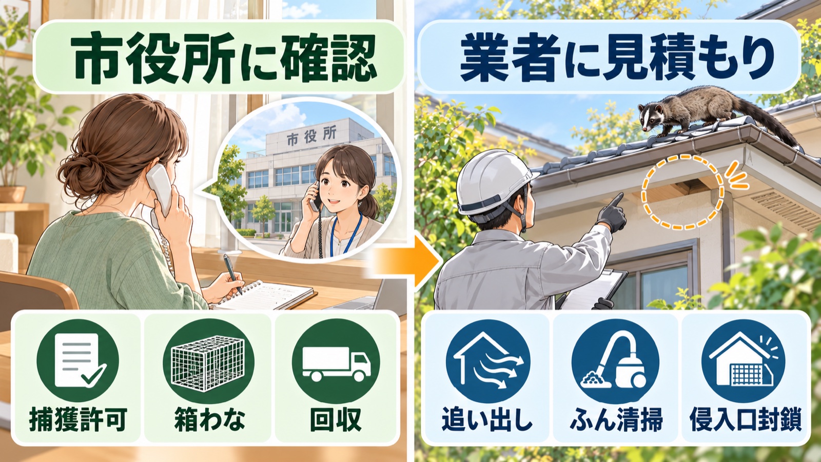 市役所への確認と、業者に見積もる追い出し・ふん清掃・侵入口封鎖を分けたイラスト