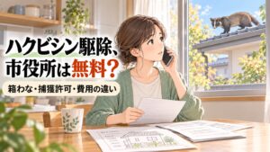 ハクビシン被害で市役所へ相談する女性。箱わな、捕獲許可、費用の違いを解説