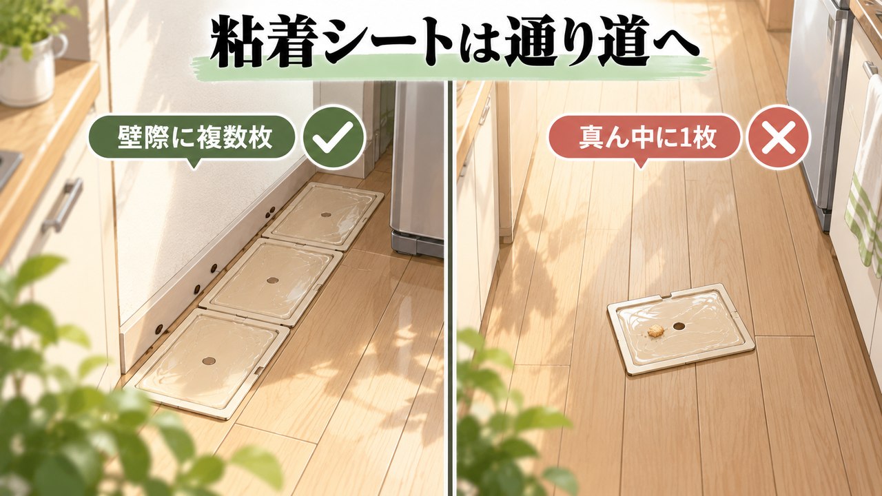 粘着シートはネズミの通り道に複数枚置き、部屋の真ん中に1枚と餌を載せる置き方を避ける図