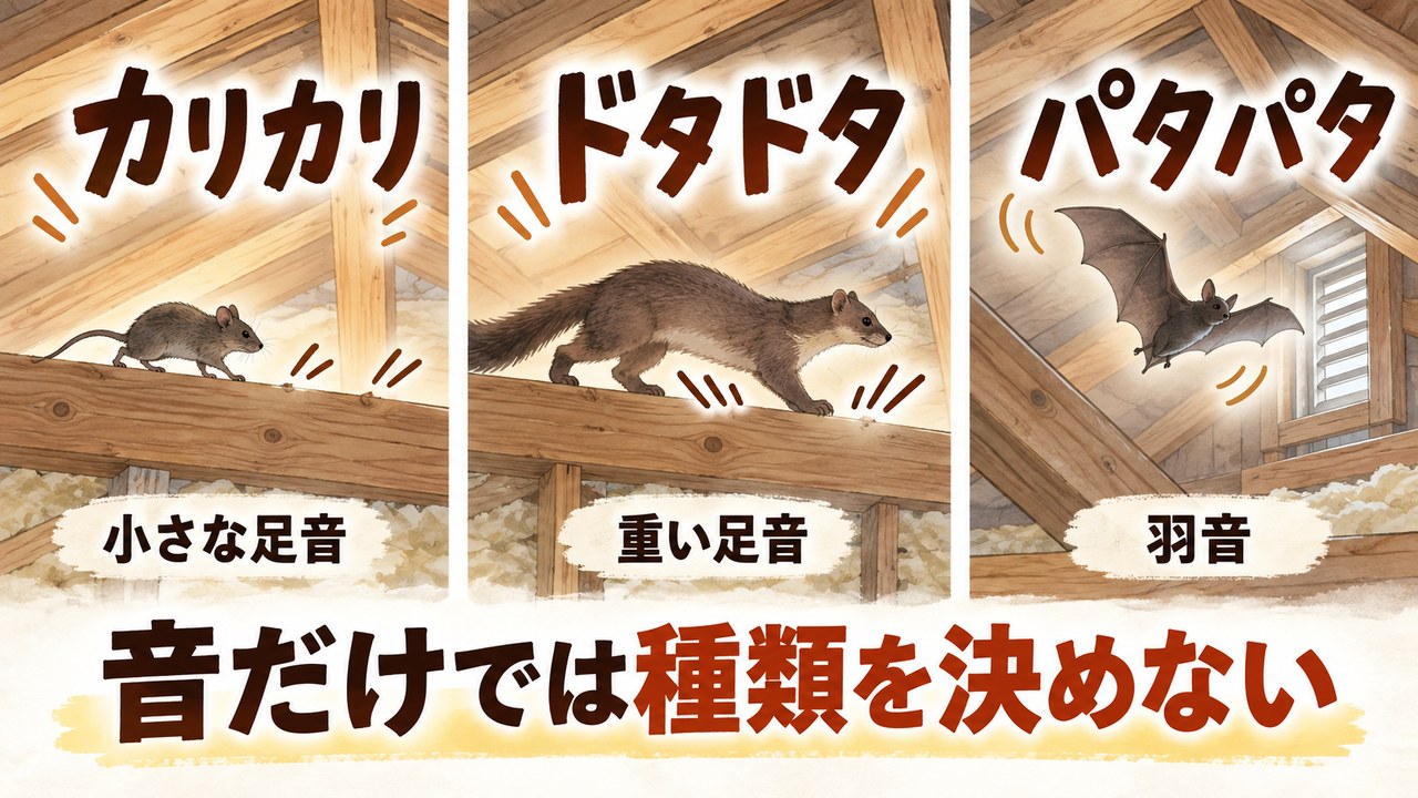 屋根裏のカリカリ、ドタドタ、パタパタという音を例示。音だけでは種類を決めない